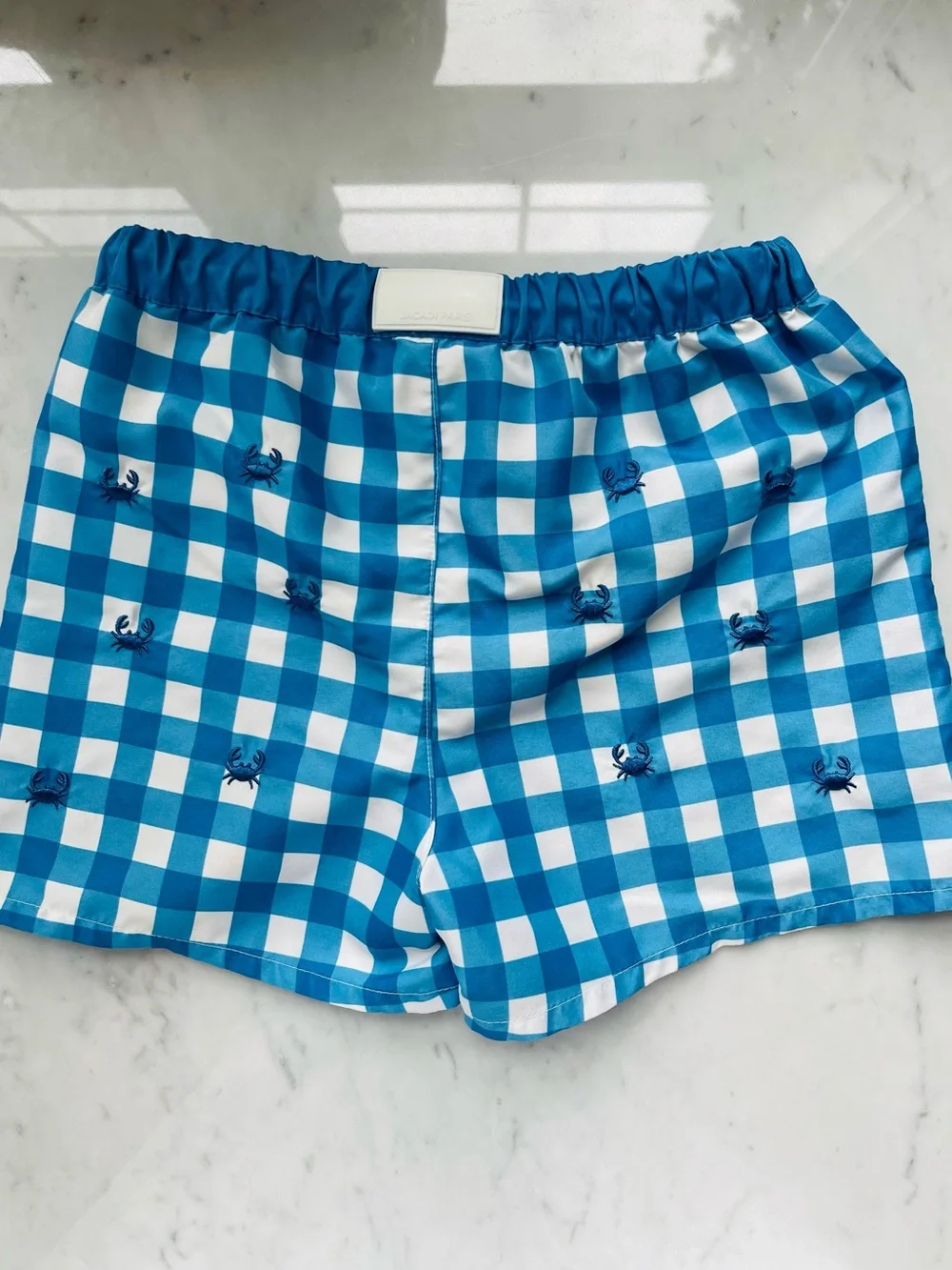 Jacadi Blue and White Gingham Swim Trunks with Crab Motif Boys Size 6